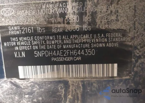 2015 Hyundai Elantra Se из США, поврежденный, VIN 5NPDH4AE2FH644350